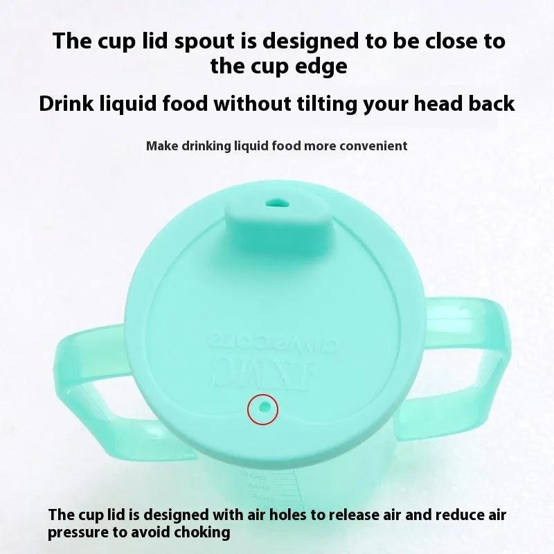 Angled spout choke-proof drinking cup with handle and lid for bed-bound users