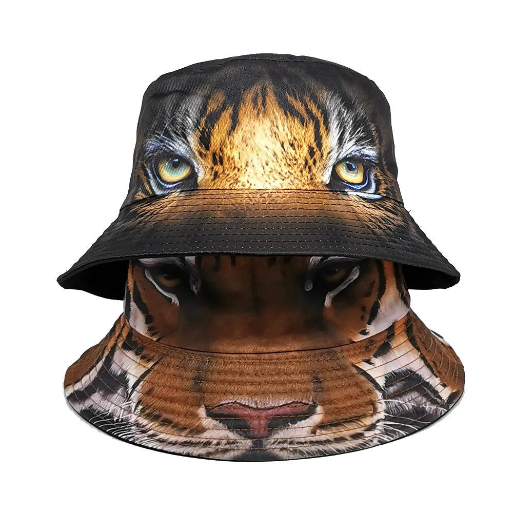 Tiger pattern bucket hat with dome crown in khaki or black colour options
