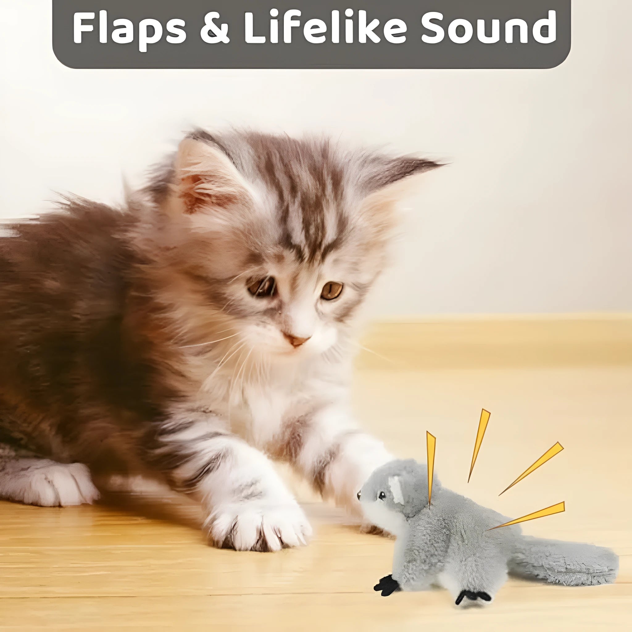 Grey flapping squirrel cat toy with electronic components for interactive feline play