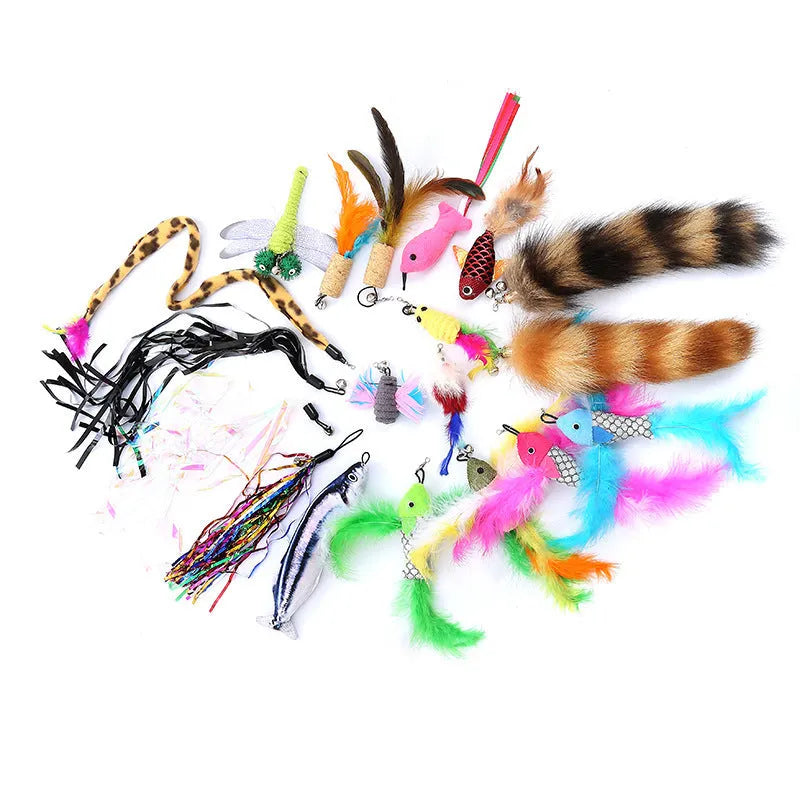 Cat teasing pole set showing two collapsible fishing rod toys with feather attachments and a pack of ten spare heads.