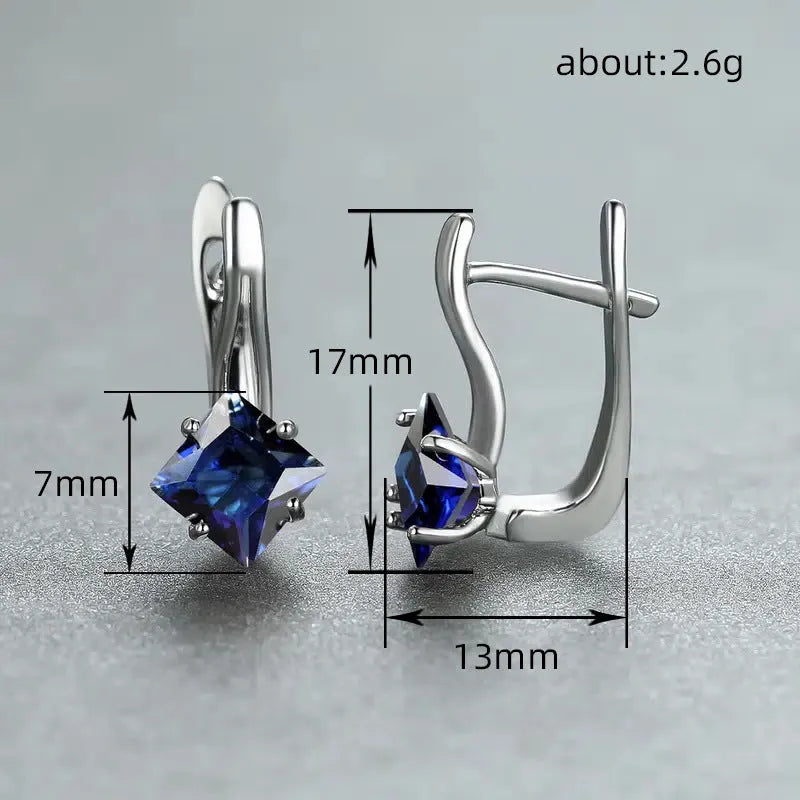 Women's copper earrings with diamond design and inlaid zircon in blue green or colour options