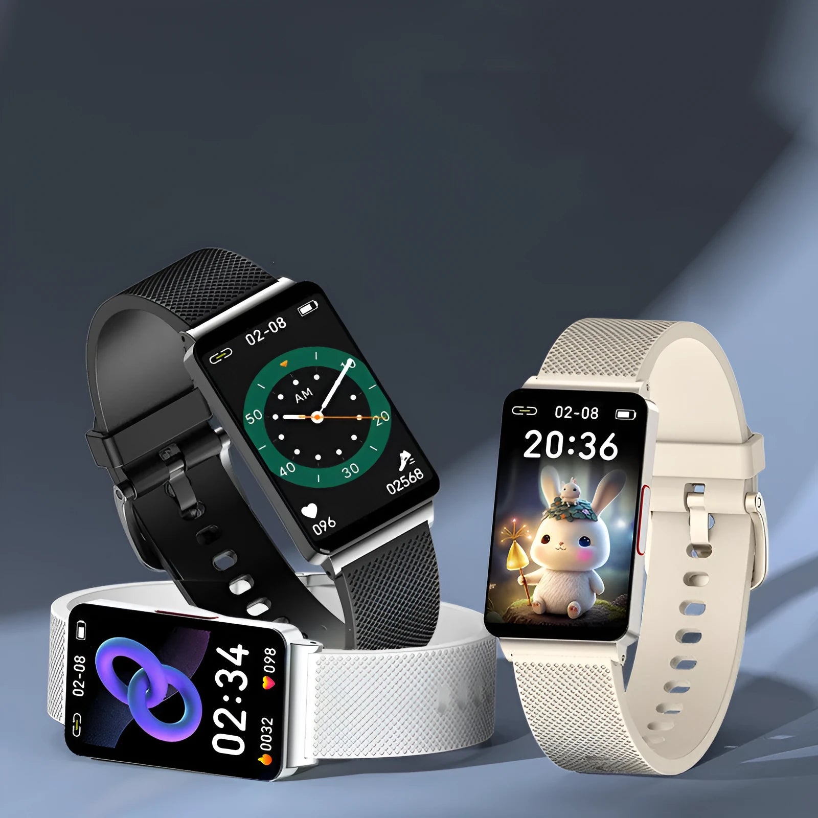 Blood Glucose EP08 Smart Bracelet with TPU strap and touch interface in black, gold, or silver