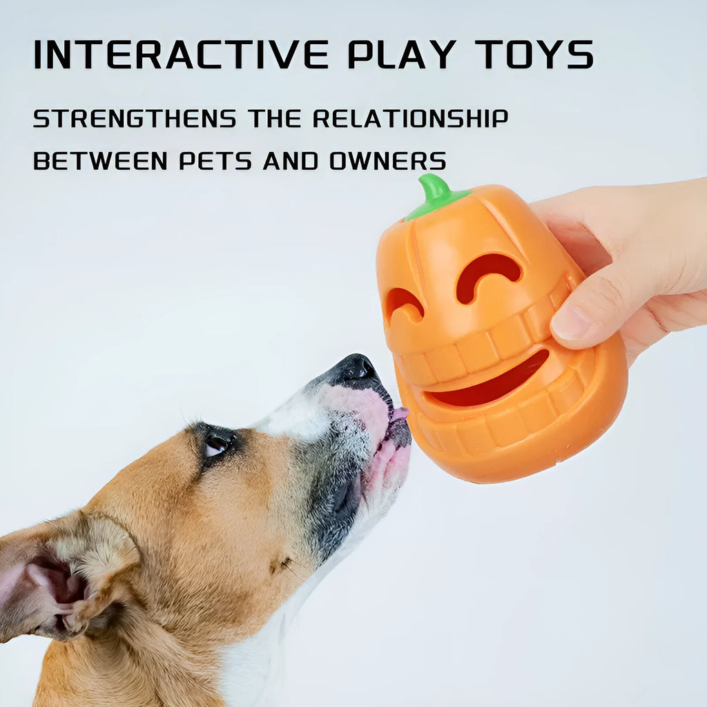 Orange Halloween pumpkin shaped dog chew toy with treat dispensing funnel