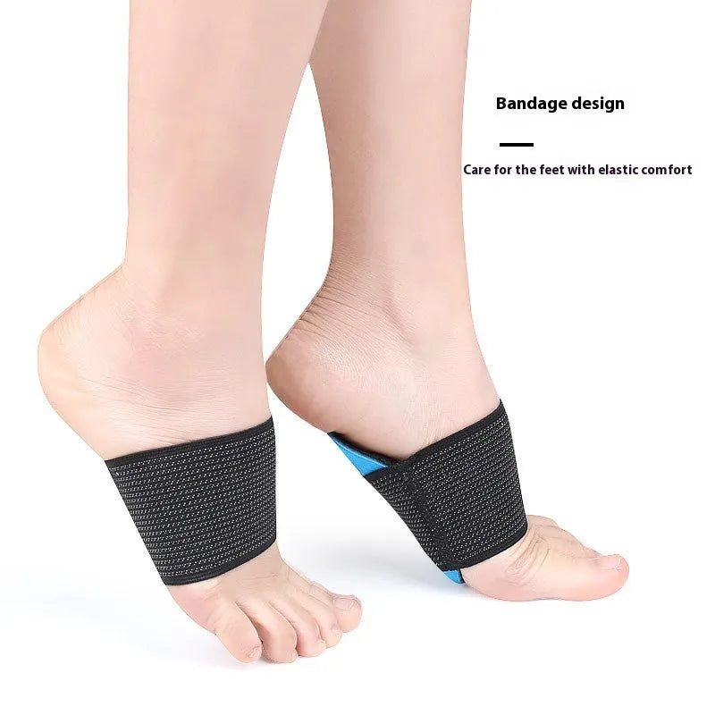 Blue elastic bandage arch support foot pads for flat feet, shown in adult and children sizes.