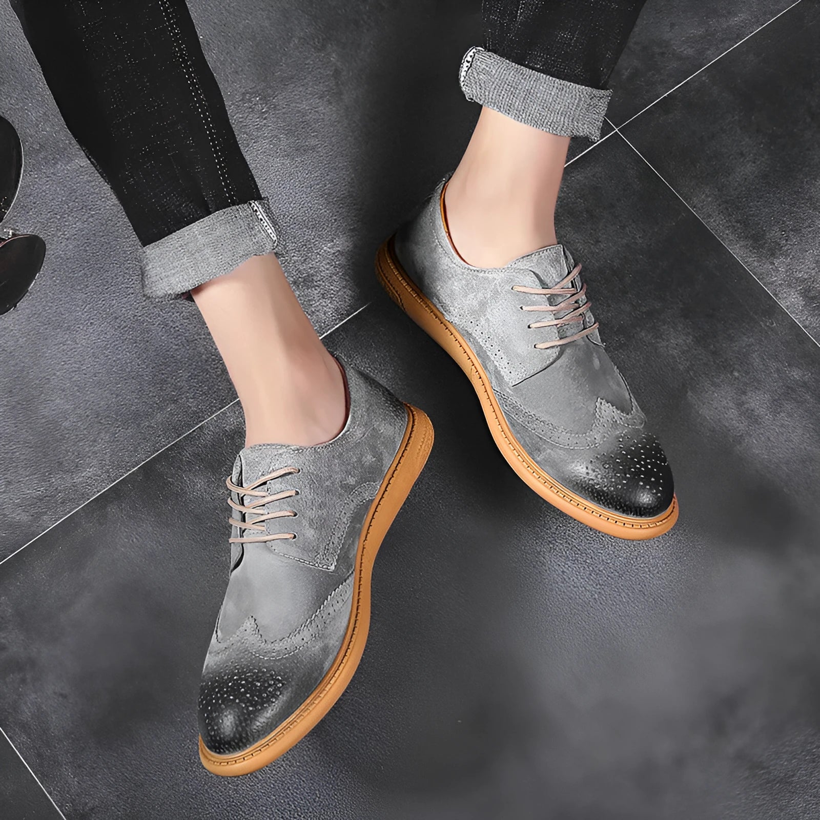 Men's gray genuine cowhide leather low-top lace-up business formal shoes