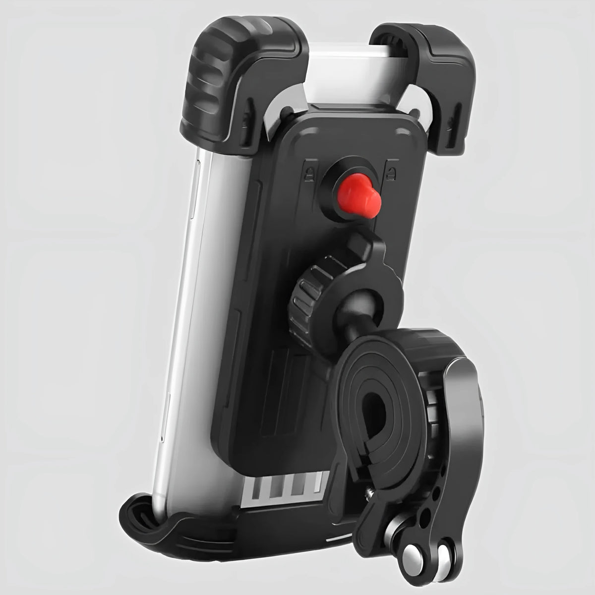 Black stainless steel and ABS phone navigation bracket for mountain bike and electric vehicle, 18.5 x 9.8 x 6.2cm.