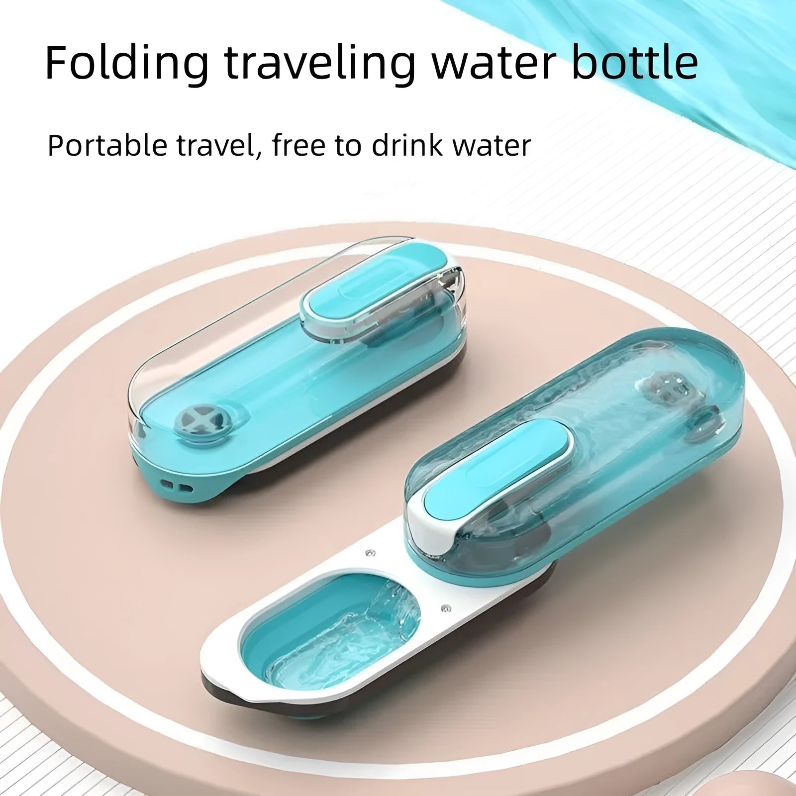 Portable pet water bottle with foldable drinking bowl in blue, grey, and pink colour options