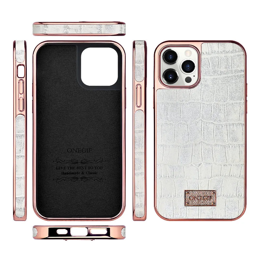 Real skin phone case with side all-inclusive electroplating, grid screen back cover, for iPhone 12 and iPhone 12 Pro Max