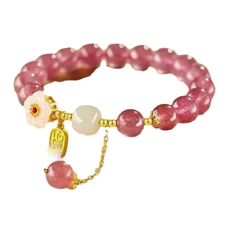 Handmade strawberry quartz crystal bracelet with green crystal moon charms for girls