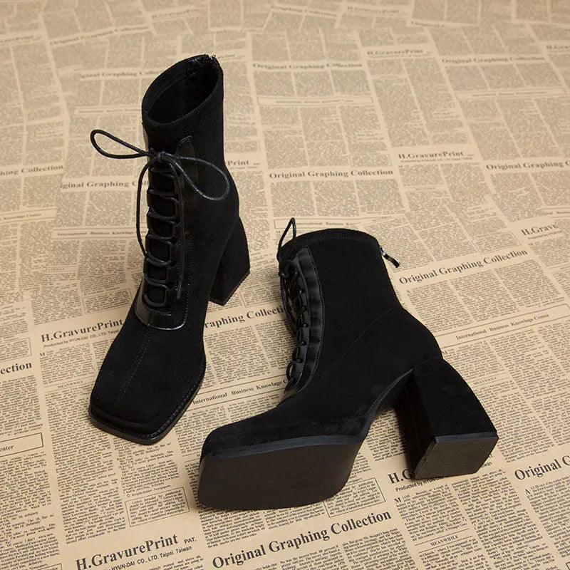 Women's ultra-high heel short Martin boots in black, 6-8 cm heel, leather lining, hollow-out detail, size 34-39