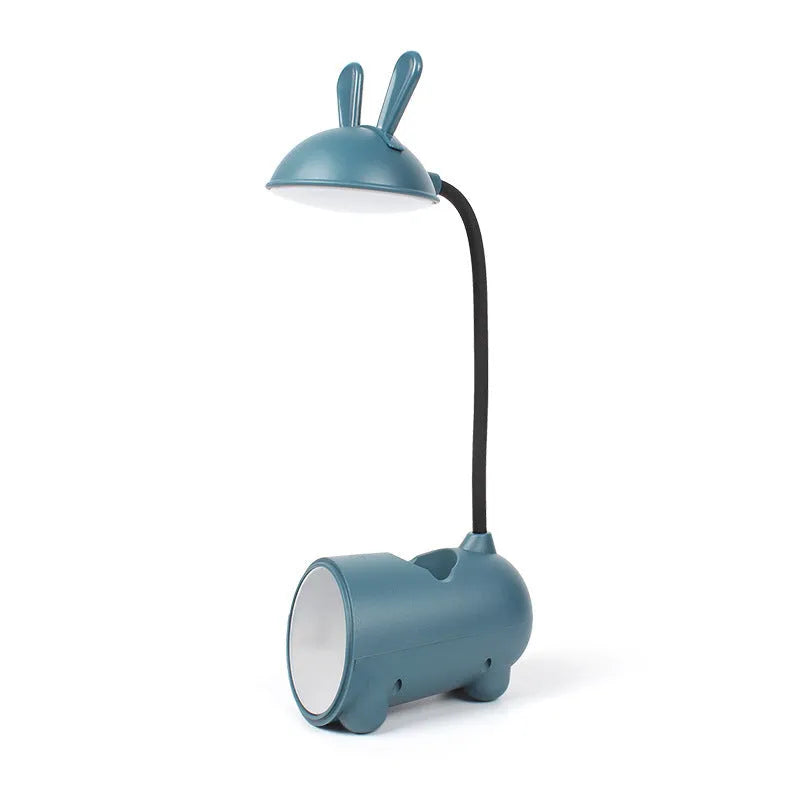 Cartoon-style USB-powered table lamp with pen container in green, blue, or pink colour