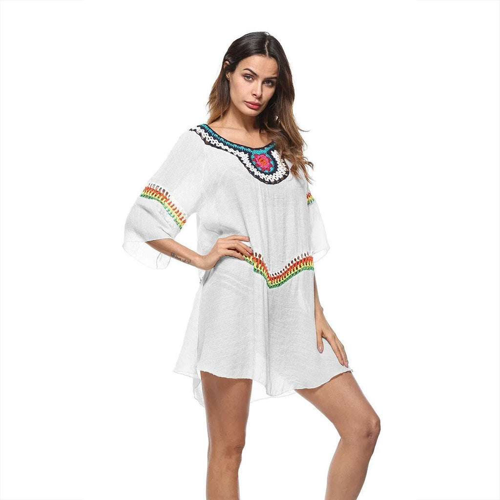 Crocheted ethnic style beach sun protection cover-up for women in acrylic fabric