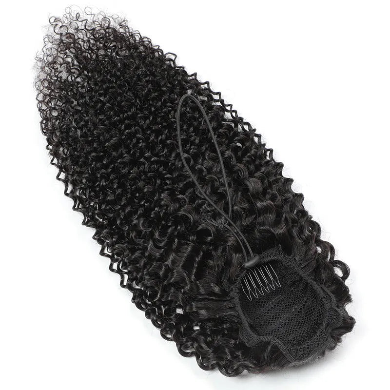 Black real human hair ponytail wig for ladies, dyeable, available in 8 to 26 inch lengths.
