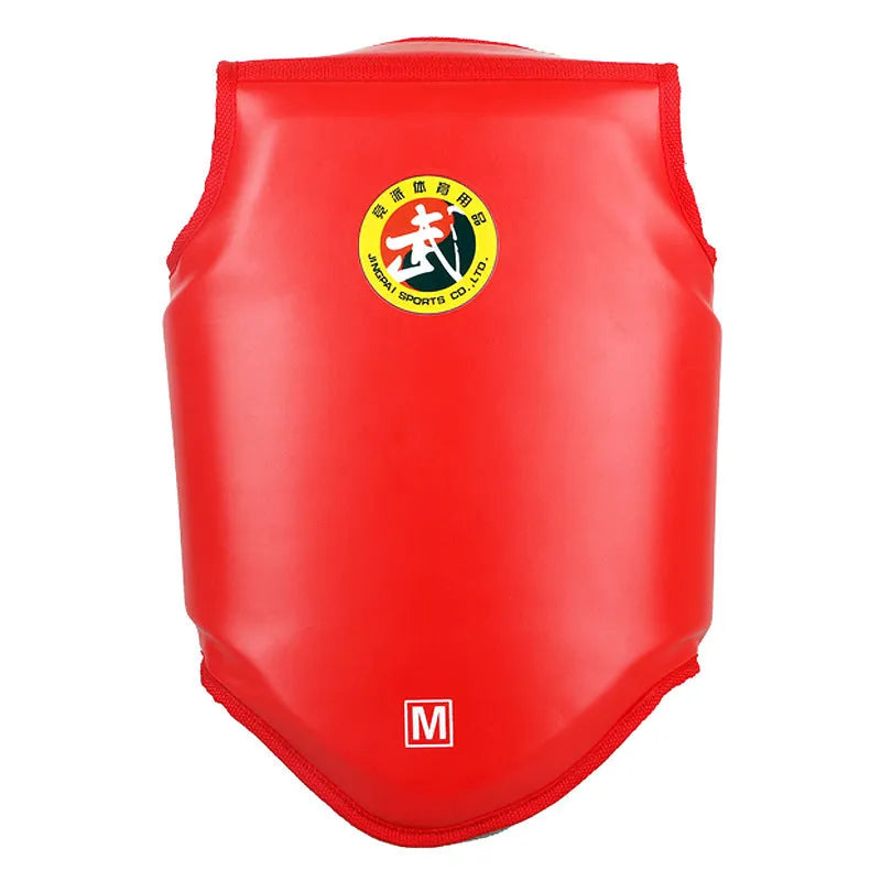 Red one-piece boxing helmet chest protector for fighting training, shown with sizes S, M, L available.