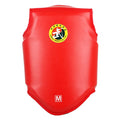 Red one-piece boxing helmet chest protector for fighting training, shown with sizes S, M, L available.