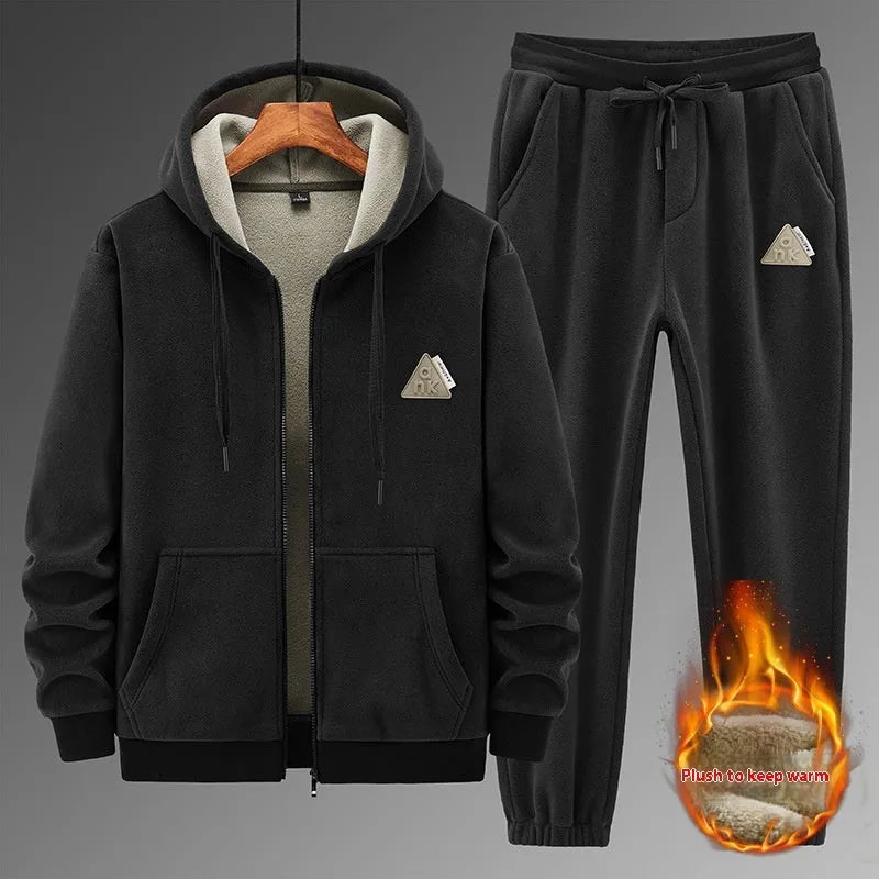 Men's grey cashmere blend hooded sports suit with matching trousers for casual athletic wear