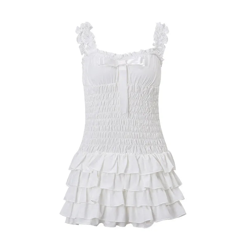 White polyester halter neck dress for women, sleeveless with short skirt and splicing detail, sizes S M L