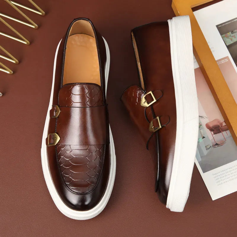 Men's casual leather shoes in black or brown with embossed artificial PU upper, flat heel, round toe, and rubber sole, sizes 38-46