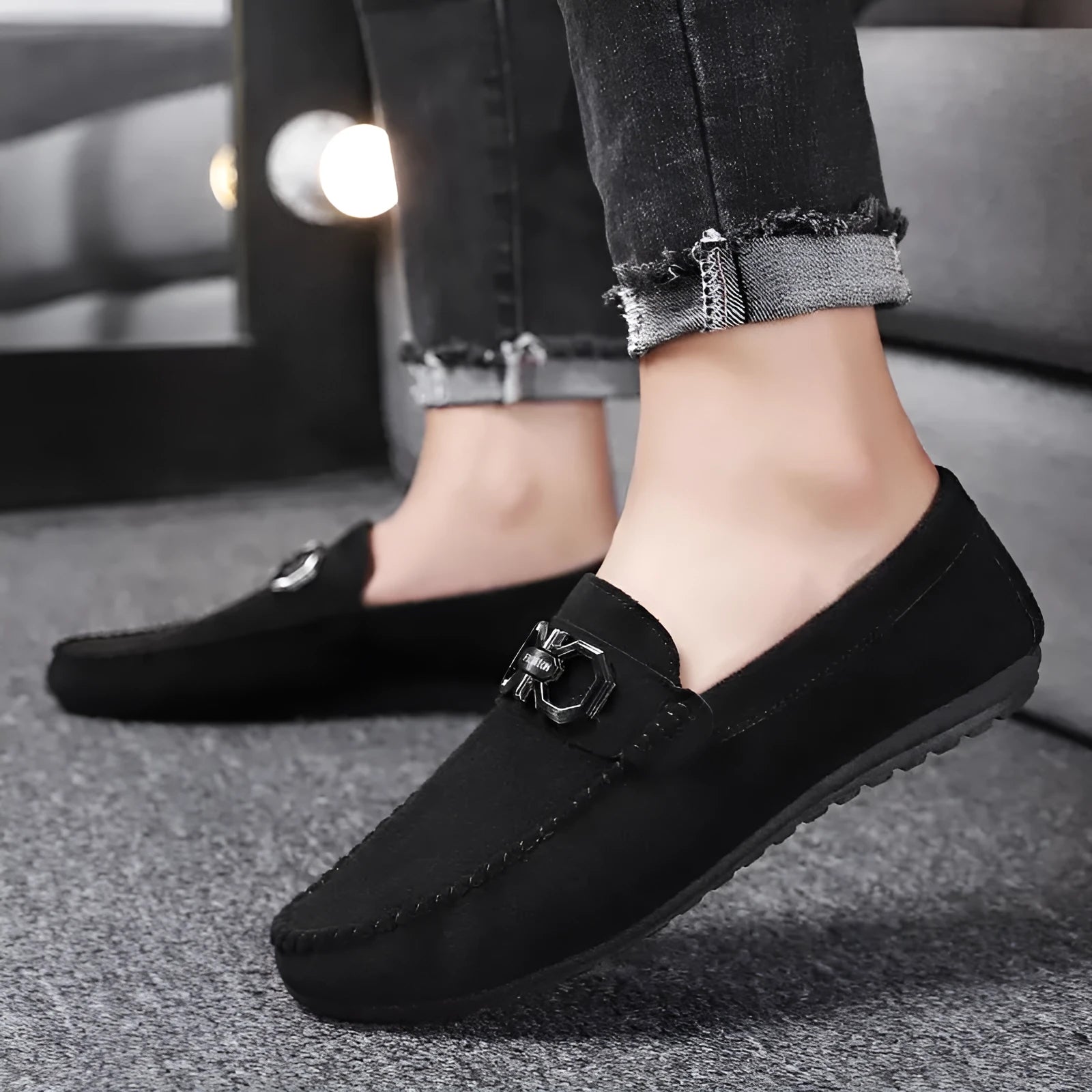 Men's black and grey suede casual shoes with rubber soles for summer wear