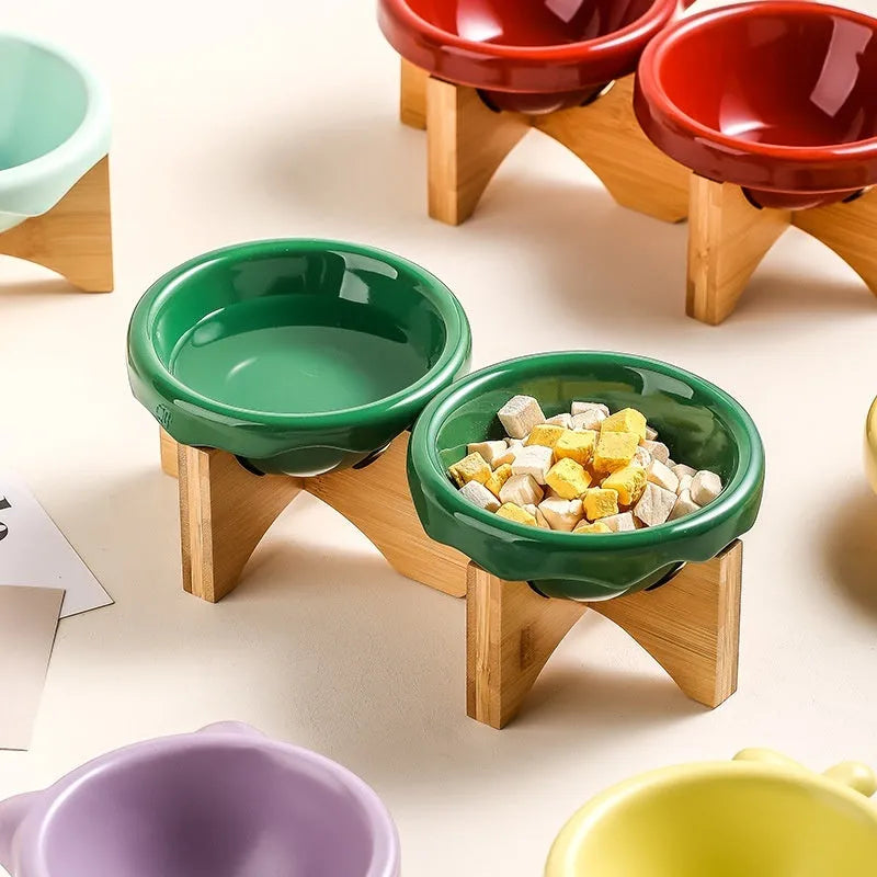 Porcelain cat bowl in matte purple, bright red, or light green, single or double grid pet tableware