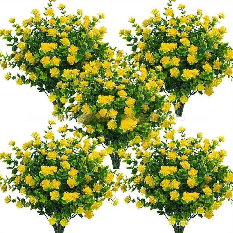 Emulational plastic artificial bouquet with eucalyptus and camellia design in mixed colours on white background