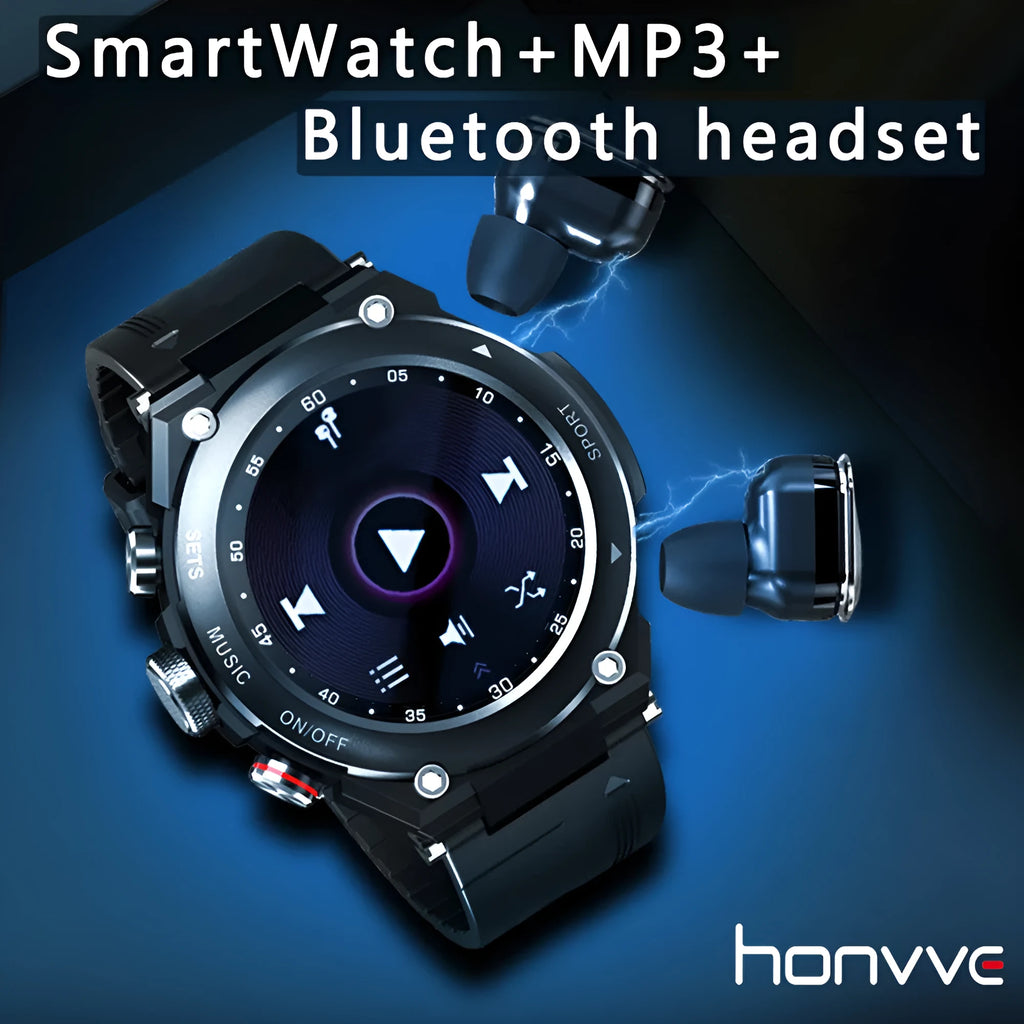 2-in-1 Bluetooth headset smart bracelet with 1.28in HD screen, zinc alloy body, 250mAh battery, and earbuds in charging bin