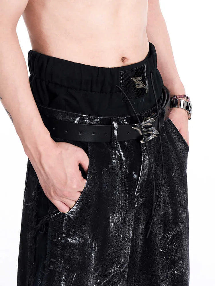 Black men's leather belt made from two-layer cowhide with a metal letter buckle