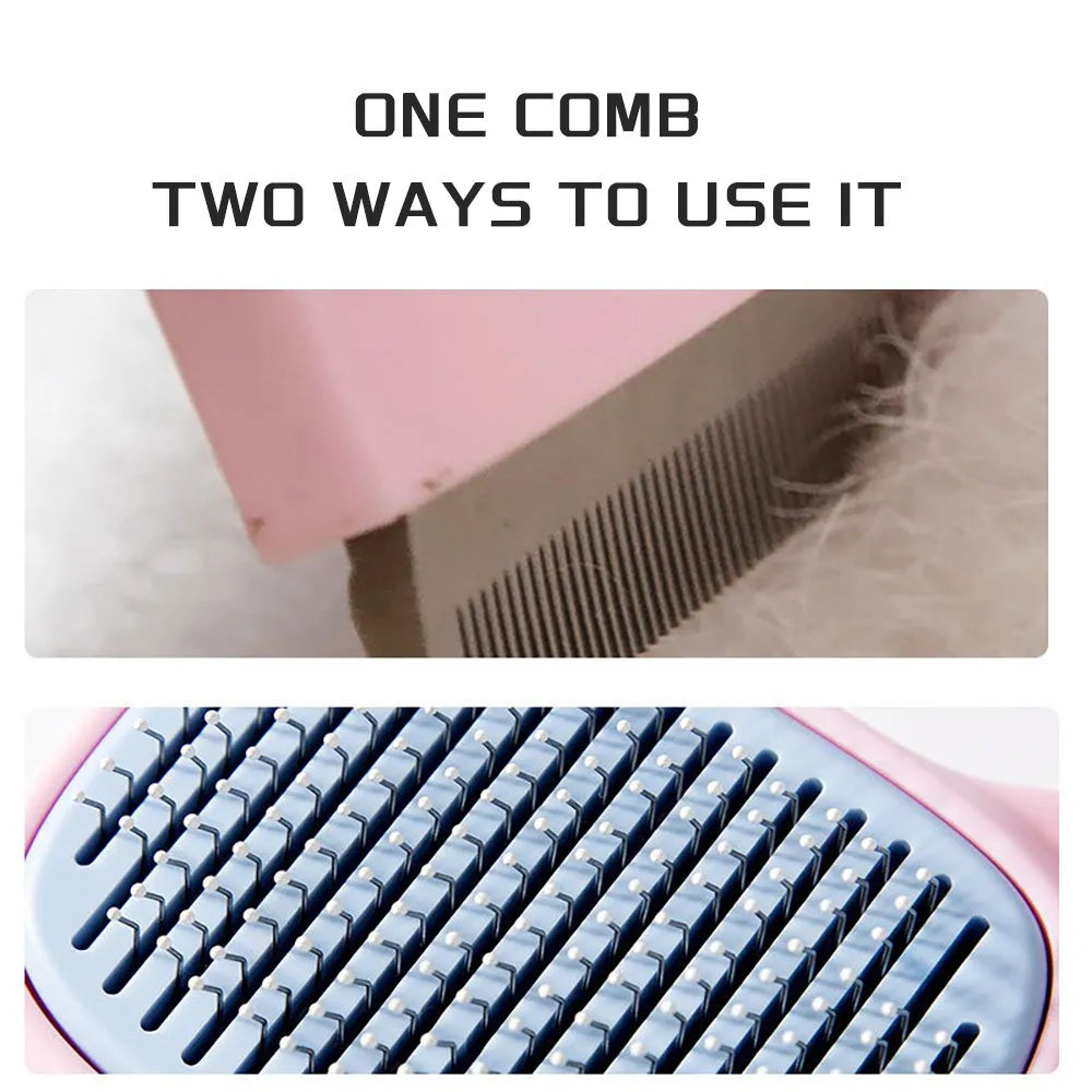Blue and green double-sided pet deshedding brush with rake and comb, showing dimensions.