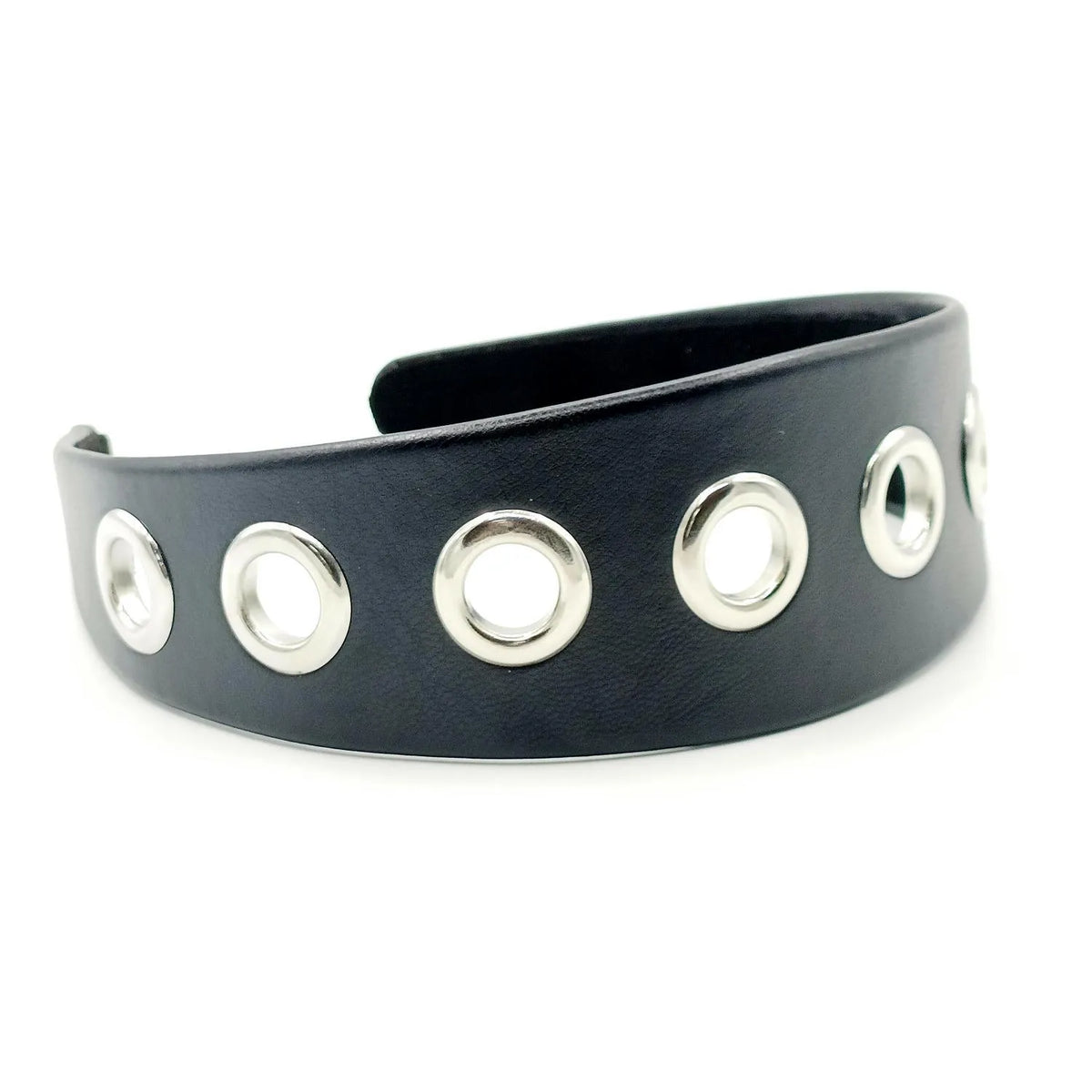 Black faux leather wide version women's headband with round, square, and dotted rivets