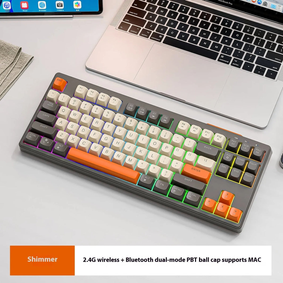 Free Wolf M87 wireless Bluetooth keyboard in blueberry colour on a wooden desk
