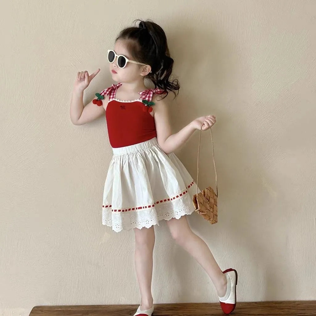 Girls cotton lace two-piece skirt suit in red with sleeveless top and matching skirt for summer