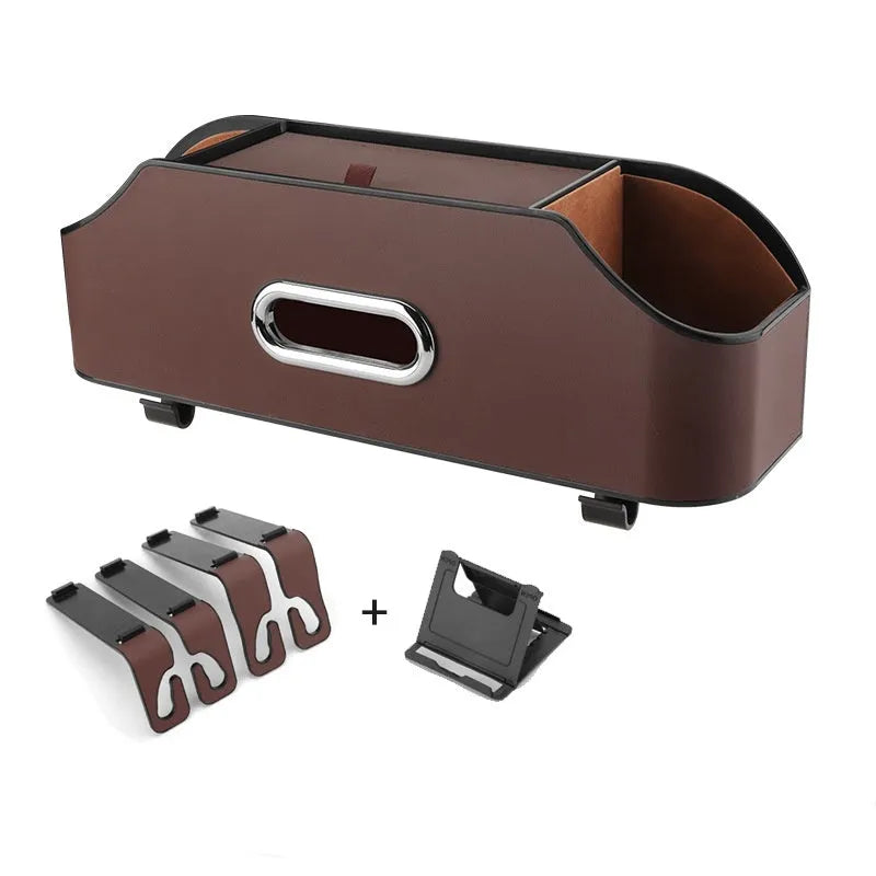 Genuine leather car tissue box and cup holder mounted on car seat back