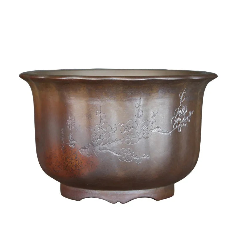 Antique carved purple sand ceramic flowerpot for indoor bonsai display