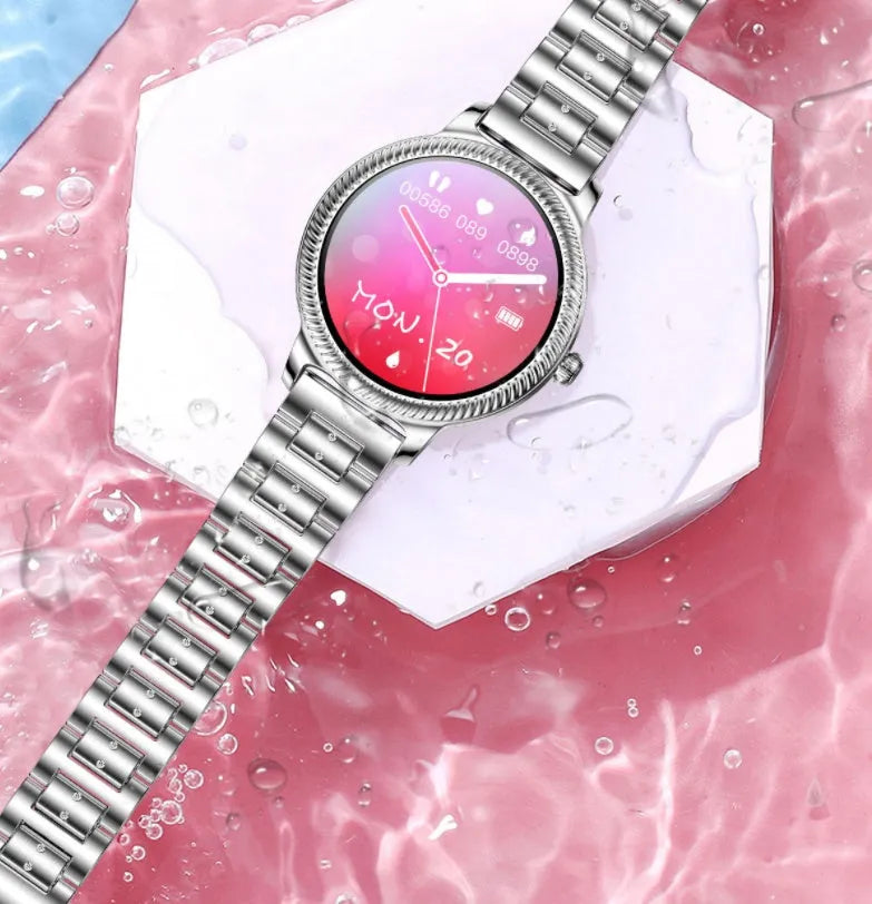 AK38 ladies smart watch with stainless steel wristband options and 1.09-inch TFT display