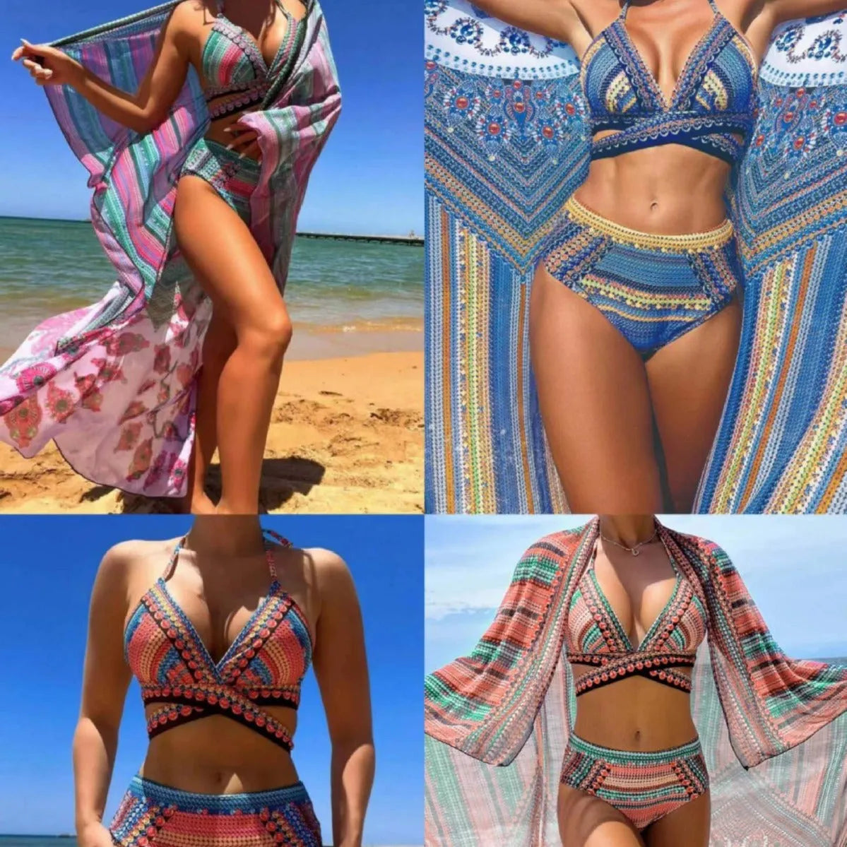 Women's three-piece cross bandage swimsuit with high waist and veil split detail in blue colour variant