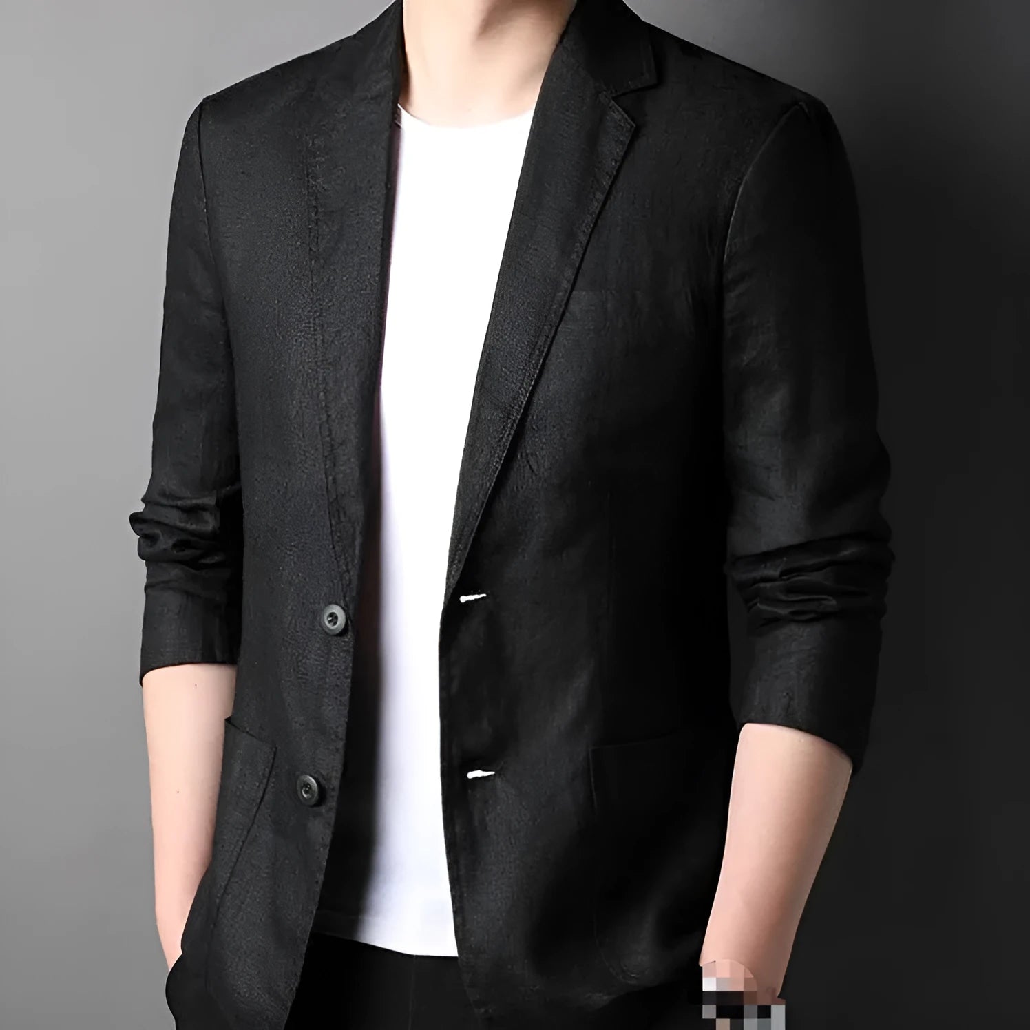 Men's linen leisure suit in black, regular fit jacket and trousers for spring summer