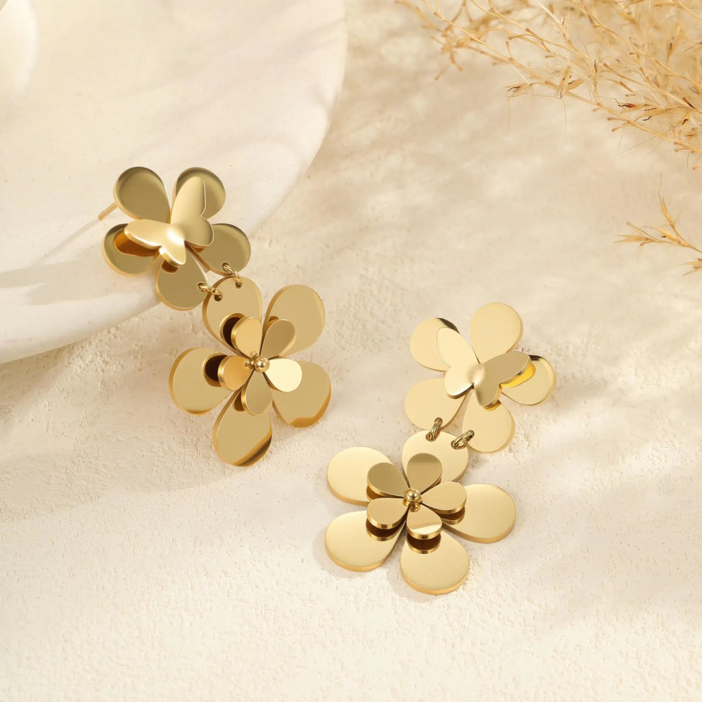 Women's stainless steel earrings with flower butterfly design in electroplated 18K gold colour