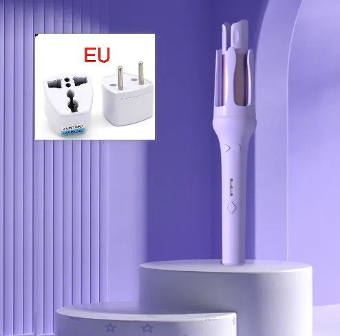 32mm automatic hair curler in white purple colour with wired power cord and plug adapter