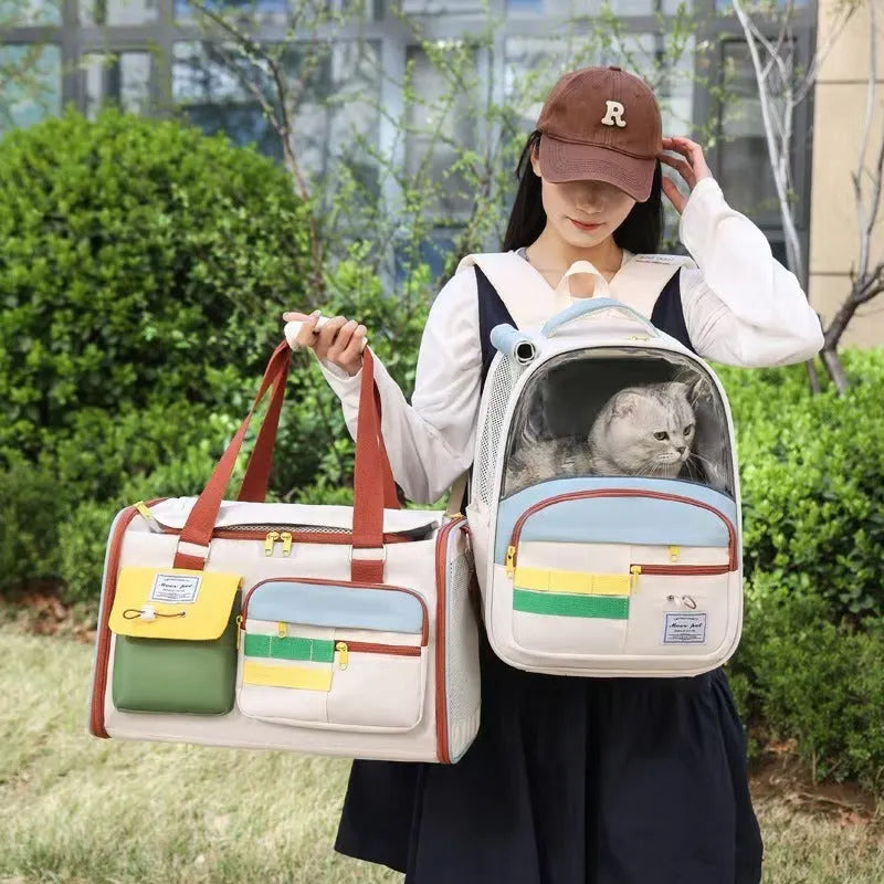 Oxford cloth pet bag in backpack or handbag style with colour matching pattern, medium hardness pet carrier