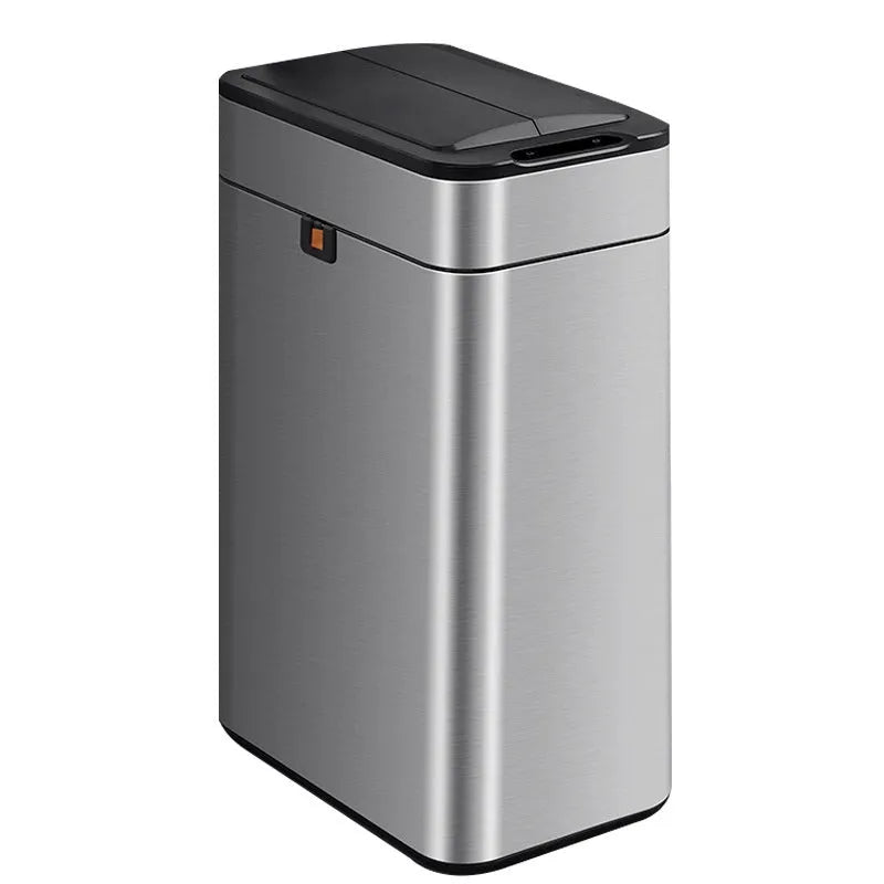 Stainless steel inductive smart trash can with deodoriser in a square shape, shown in a kitchen setting.
