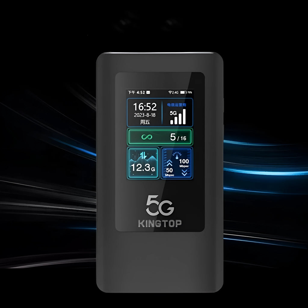 Black portable 5G Wi-Fi router with LCD display showing signal strength and battery level.