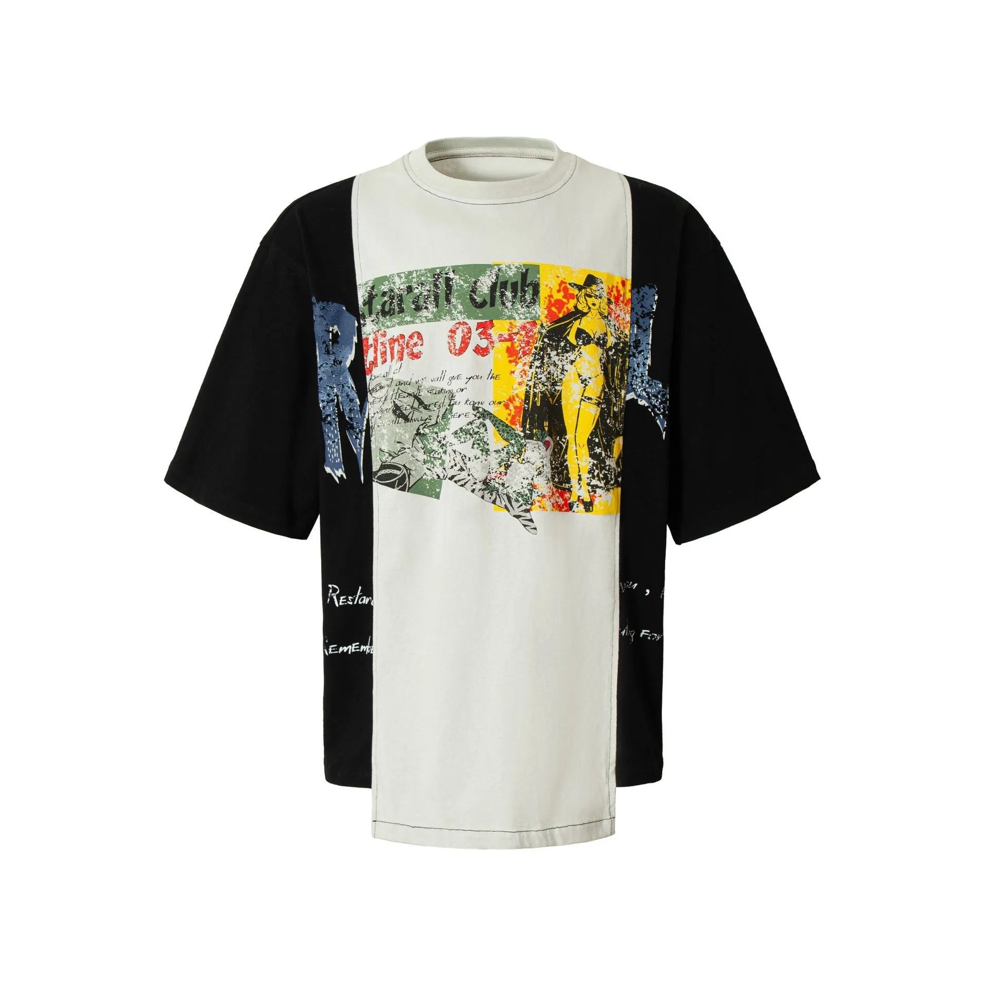 Black and white deconstruction print cotton blend t-shirt with loose fit and short sleeves