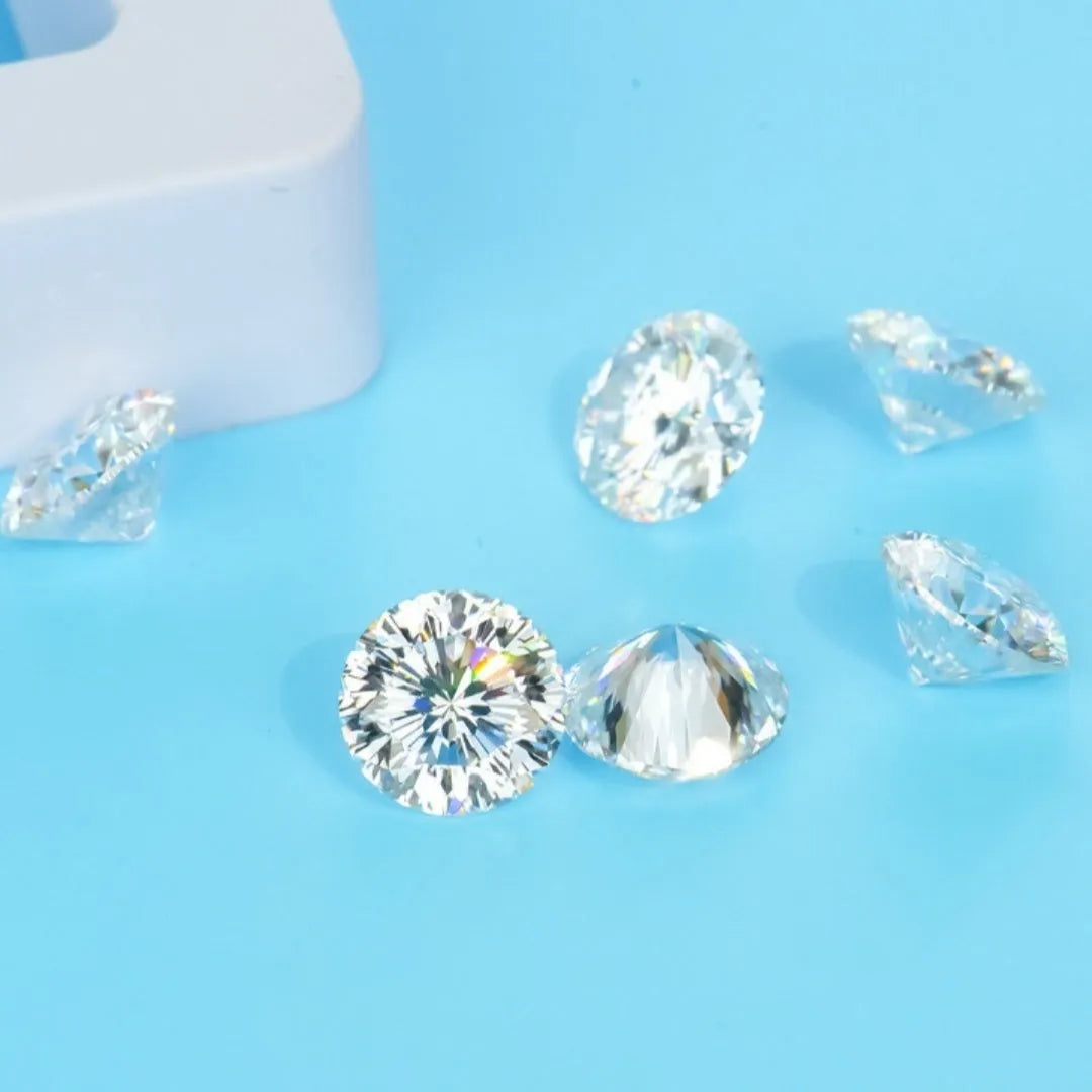 Round moissanite stone with eight hearts and eight arrows cut pattern showing polished surface