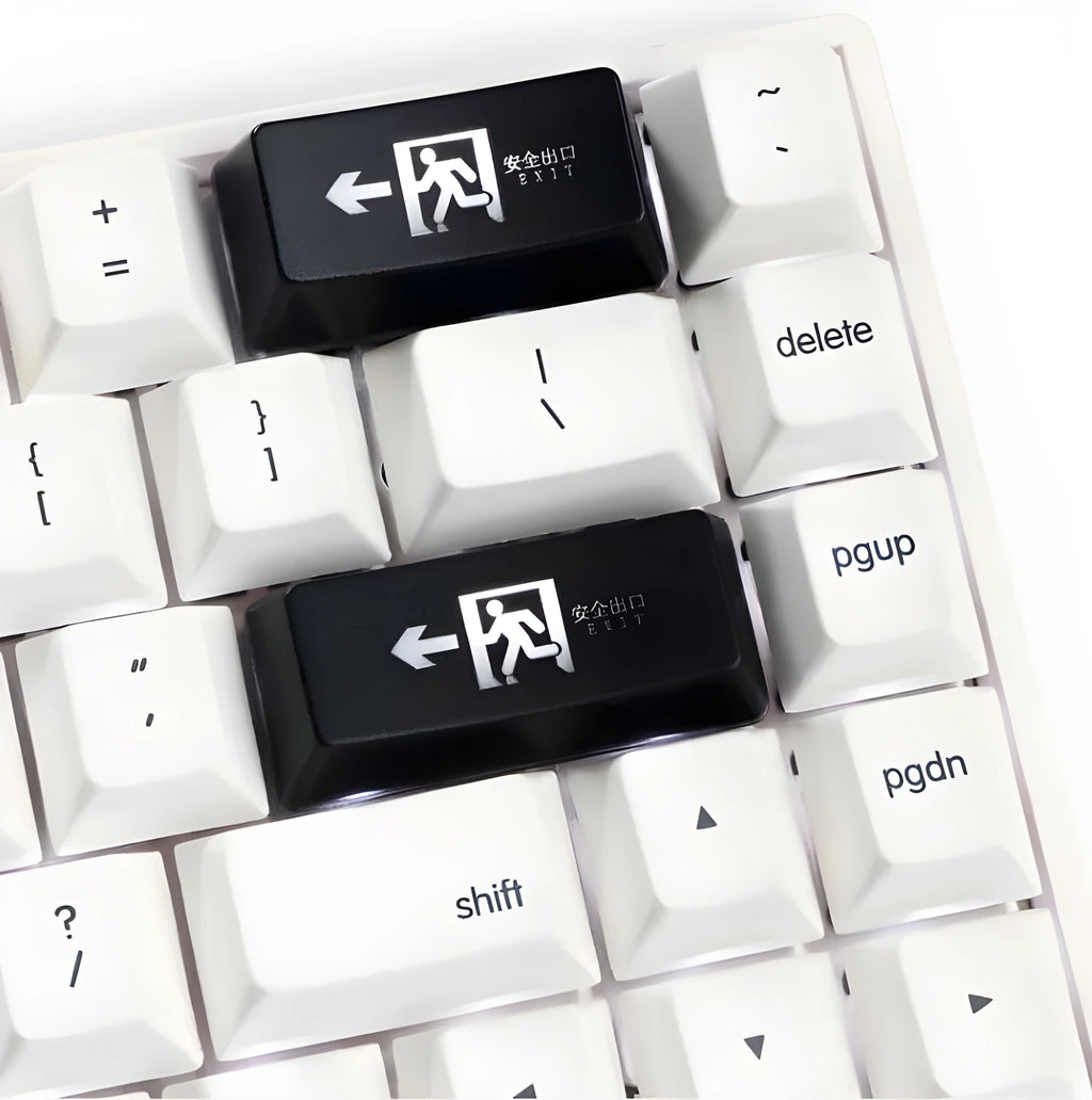 Transparent safety evacuation keycap with emergency exit symbol for mechanical keyboards