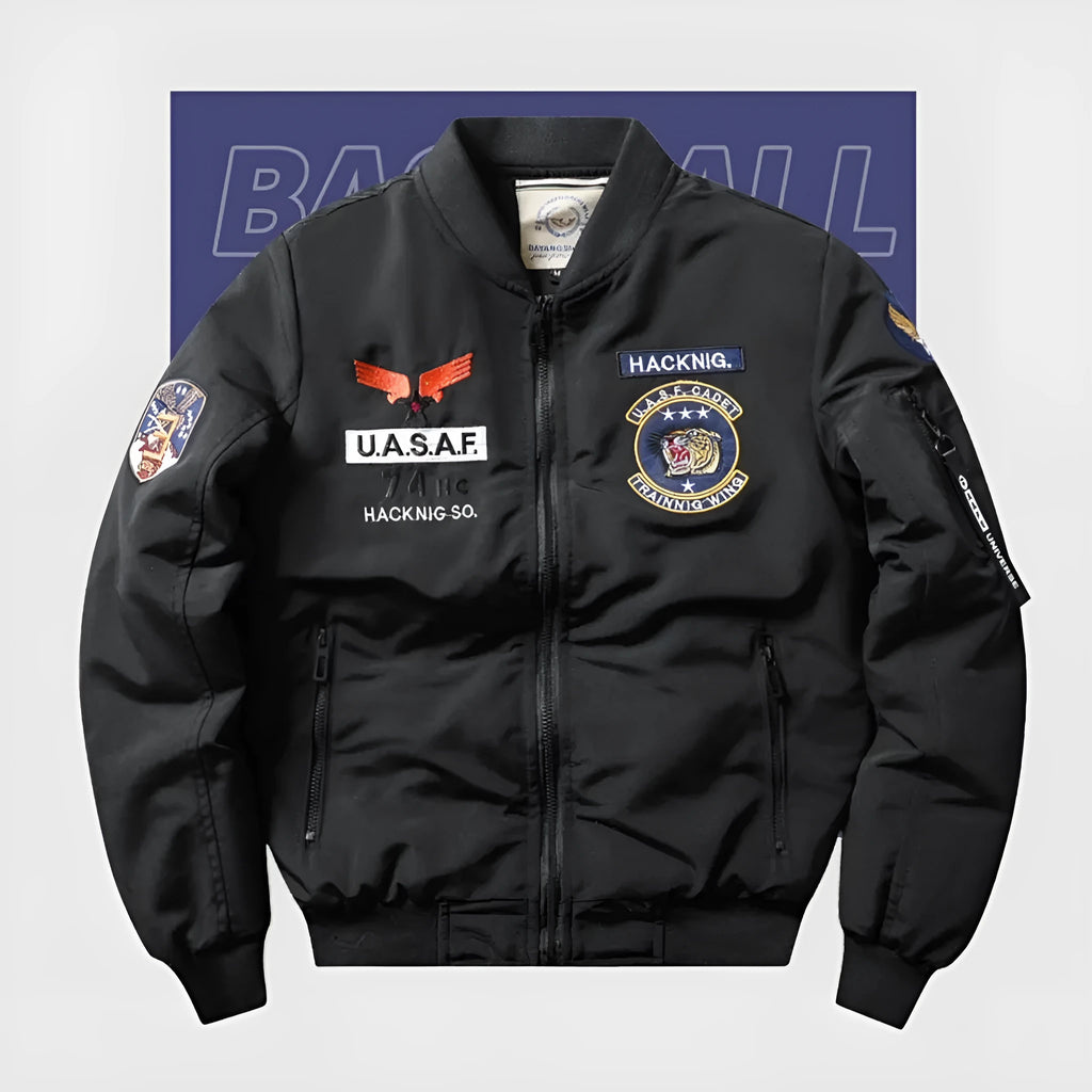 Men's slim-fit black retro embroidery motorcycle coat with a stand collar and patch pockets.