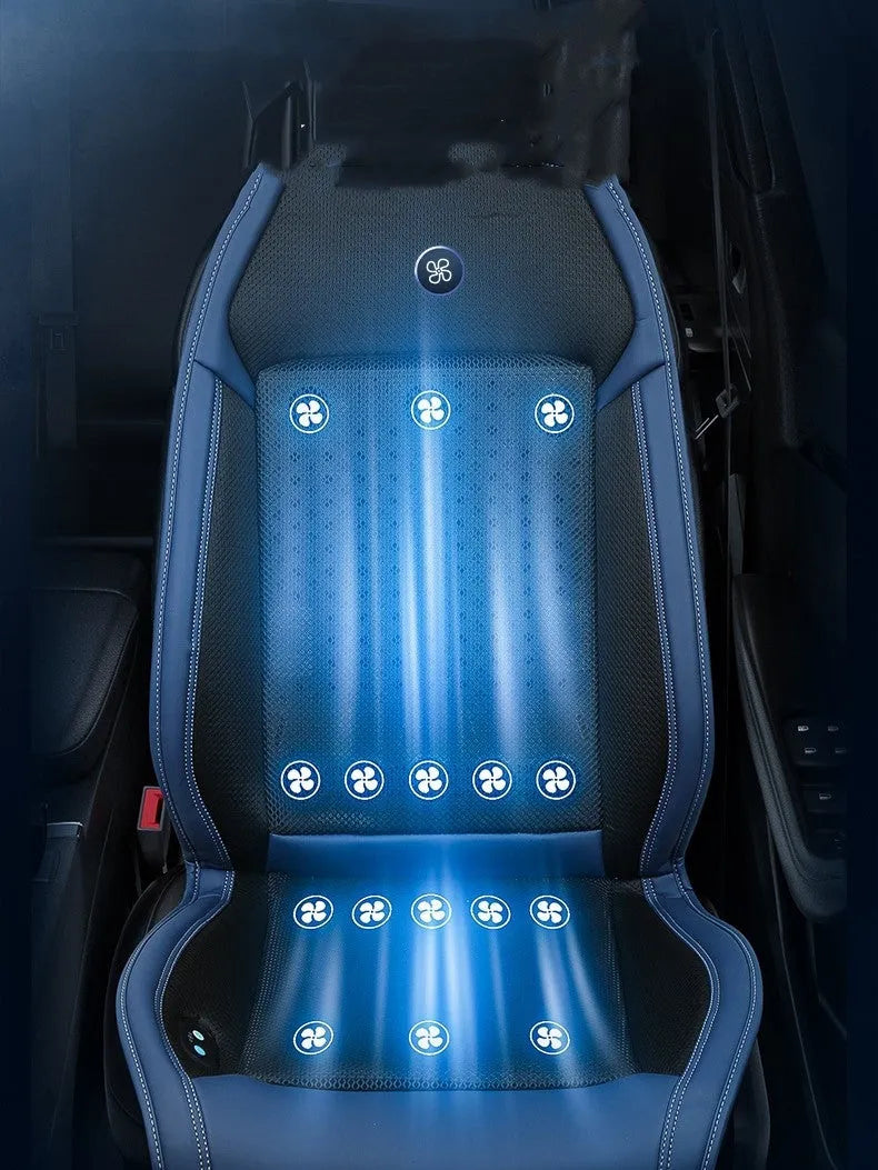 Black or blue universal car seat cooling pad with USB cable showing ventilated polyester surface for 12V 24V vehicles