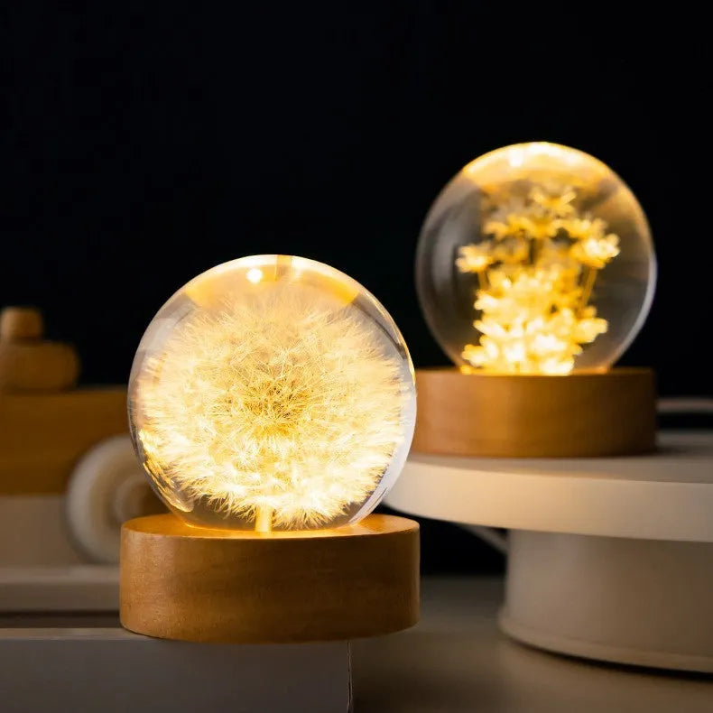 3D dandelion eternal flower in crystal ball on beech wood base USB night light
