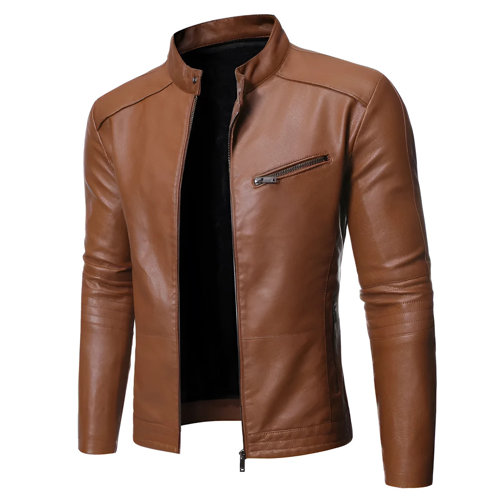 Men's cowhide leather motorcycle jacket in black with pocket decoration and plain design