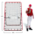 Red portable baseball training net with metal frame measuring 4x6FT