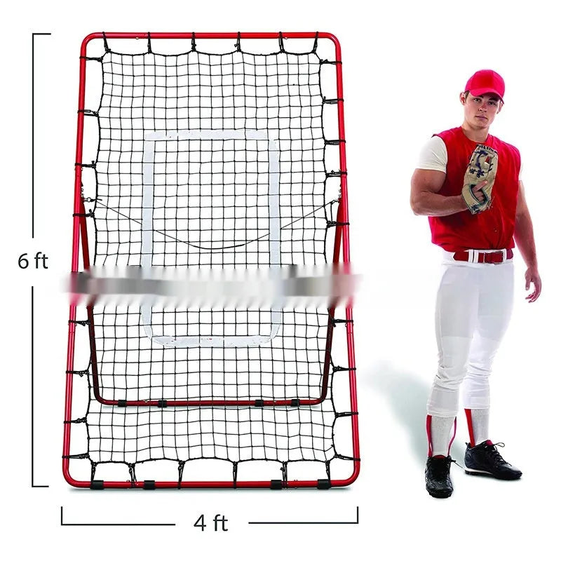 Red portable baseball training net with metal frame measuring 4x6FT